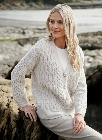 Arranmore Merino Wool V-Neck Cardigan in Cream